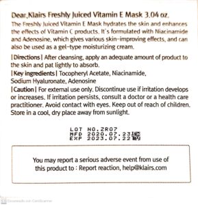Freshly juiced vitamin E mask , dear klair. Crema facial con niacinamida y centella asiática.